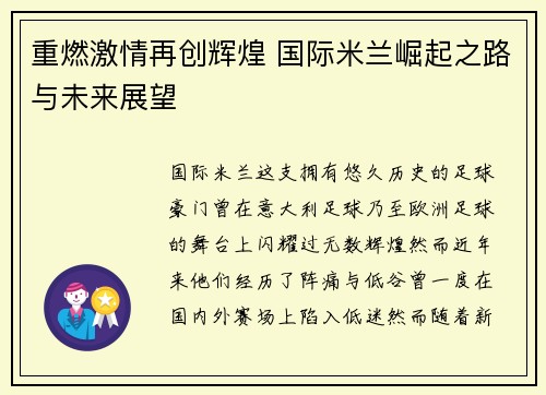 重燃激情再创辉煌 国际米兰崛起之路与未来展望